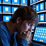 **Prompt 1 (Digital Overload Symptom):**
    An individual appearing mentally exhausted and overwhelmed, surrounded by multiple glowing digital screens (smartphone, tablet, laptop), each displaying a relentless barrage of notifications and alerts. Their eyes are strained, and their face shows clear signs of fatigue, possibly with a subtle blue light hue. In the background, a blurred, disconnected family or social setting emphasizes the isolation caused by digital distraction, even when physically present with others. The overall atmosphere should be chaotic and draining, visually representing digital fatigue, loss of concentration, and disrupted sleep.