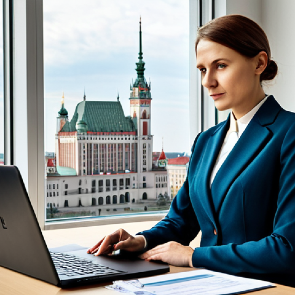 Modern Warsaw Office Scene**

A professional businesswoman in a modest, stylish power suit (skirt or pantsuit) in a modern office in Warsaw, Poland, with the Palace of Culture and Science visible through a large window in the background. She is sitting at a clean desk with a laptop, possibly reviewing documents. Fully clothed, appropriate attire, safe for work, perfect anatomy, correct proportions, natural pose, professional photography, high quality, natural lighting.

**