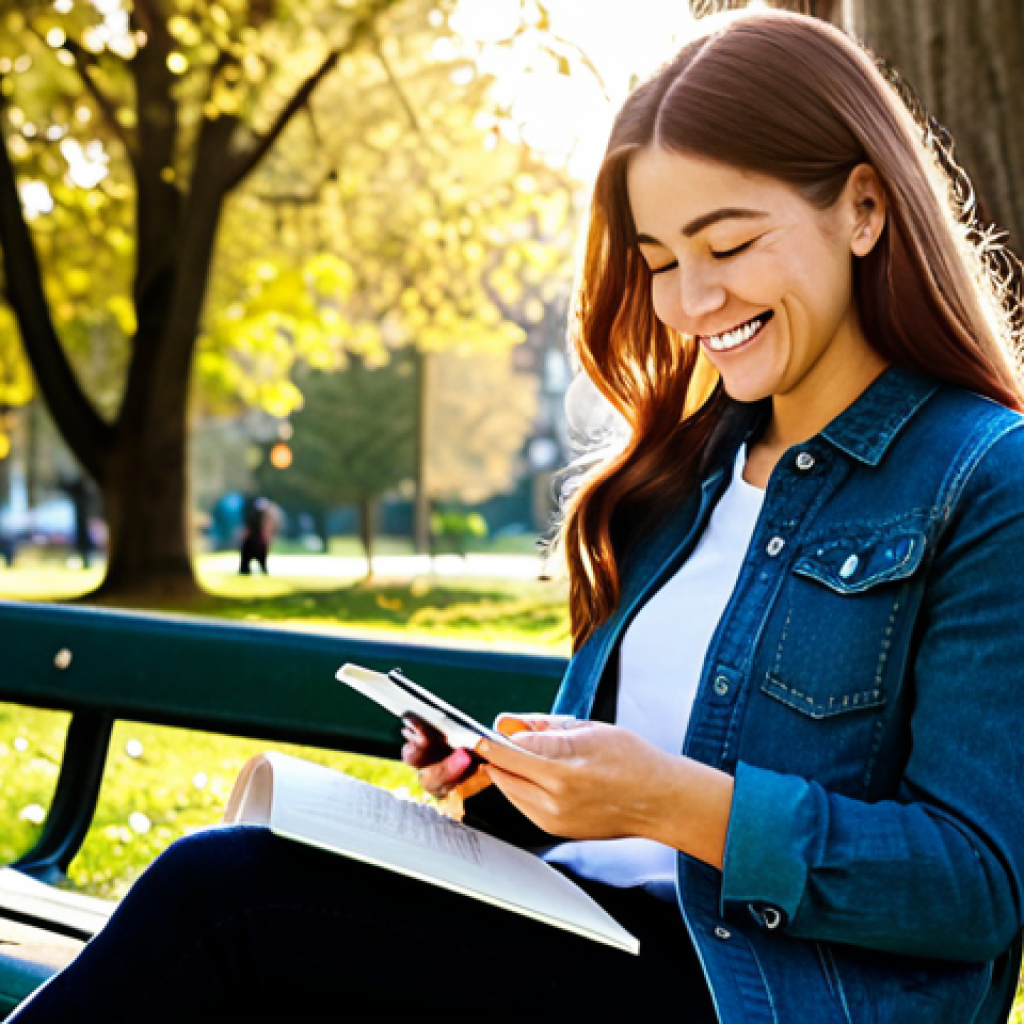 마인드풀테크와 자기 효능감 - Mindful Tech & Gratitude**

A woman sitting at a park bench, smiling while using a gratitude journal...
