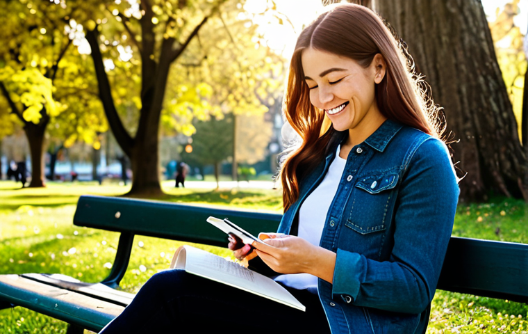 마인드풀테크와 자기 효능감 - Mindful Tech & Gratitude**

A woman sitting at a park bench, smiling while using a gratitude journal...