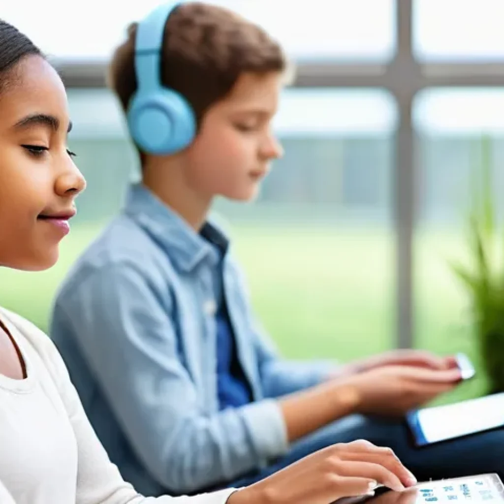 마인드풀테크의 교육적 실천 - **Prompt 1: Mindful Students in a Tech-Integrated Classroom**
    "A group of diverse teenagers, all...