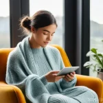 마인드풀테크의 감정적 이점 - **Prompt:** A young adult, with a serene and focused expression, sits comfortably on a plush armchai...