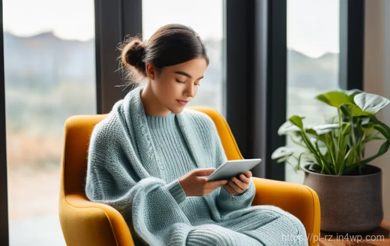 마인드풀테크의 감정적 이점 - **Prompt:** A young adult, with a serene and focused expression, sits comfortably on a plush armchai...