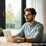 마인드풀테크 사용자를 위한 가이드 - A serene modern home office scene in Warsaw, Poland, featuring a young adult using a smartwatch with...
