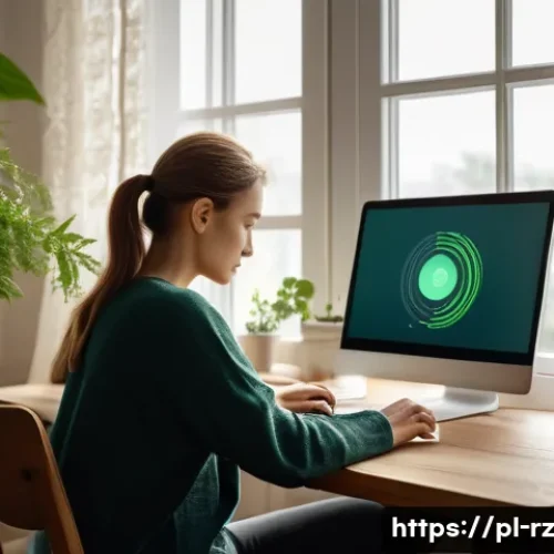 초보자를 위한 마인드풀테크 시작하기 - A serene home office scene showing a Polish adult thoughtfully managing digital wellbeing: a modern ...