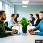 마인드풀테크 개발 프로세스 - A modern office scene showing a diverse software development team practicing mindfulness together be...