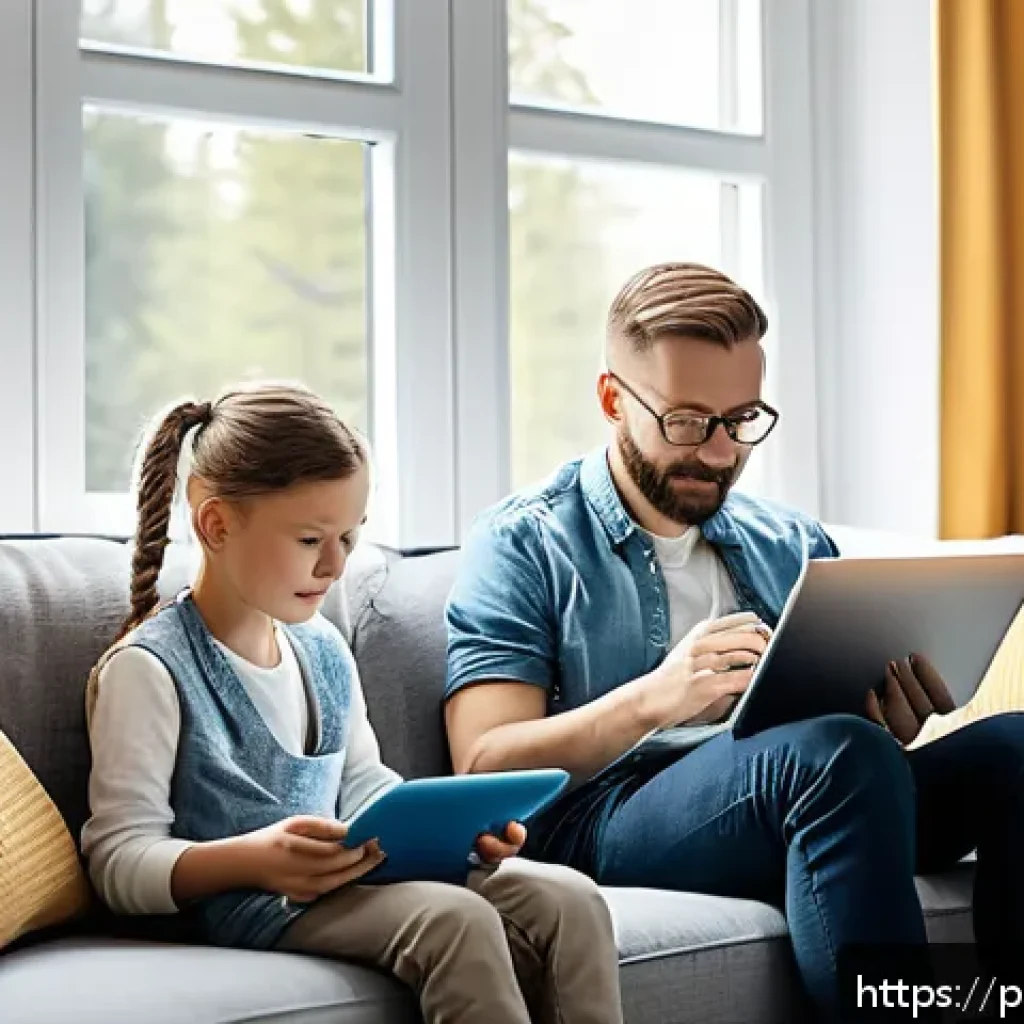 마인드풀테크의 지속적인 발전 전략 - A modern Polish family in a cozy living room, using digital devices mindfully: a mother setting smar...