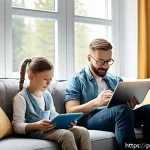 마인드풀테크의 지속적인 발전 전략 - A modern Polish family in a cozy living room, using digital devices mindfully: a mother setting smar...