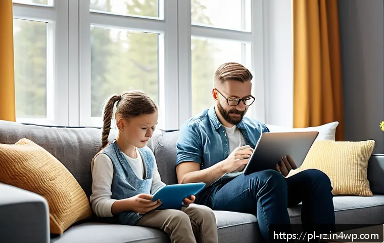 마인드풀테크의 지속적인 발전 전략 - A modern Polish family in a cozy living room, using digital devices mindfully: a mother setting smar...