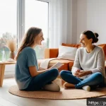 마인드풀테크와 사회적 관계 개선 - A cozy family living room scene in a modern Polish apartment, showing a diverse family of four—paren...