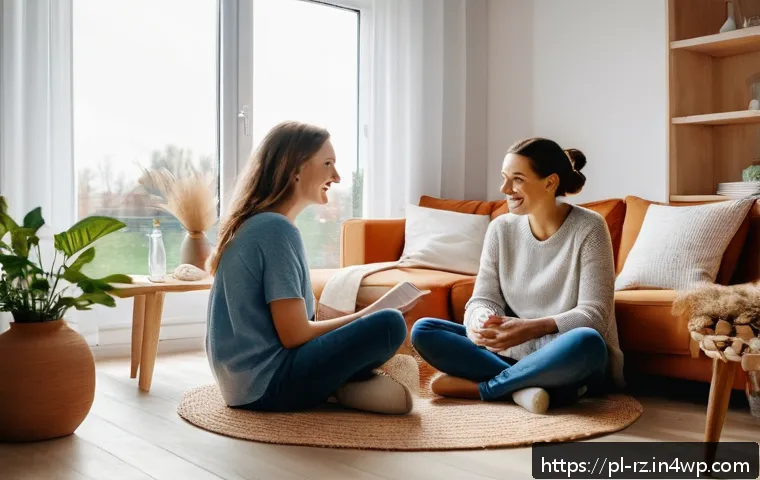 마인드풀테크와 사회적 관계 개선 - A cozy family living room scene in a modern Polish apartment, showing a diverse family of four—paren...