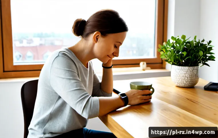 Home 17 마인드풀테크와 감정 인식 - Photorealistic mindful technology scene in a bright modern Warsaw apartment, a relaxed Polish woman ...