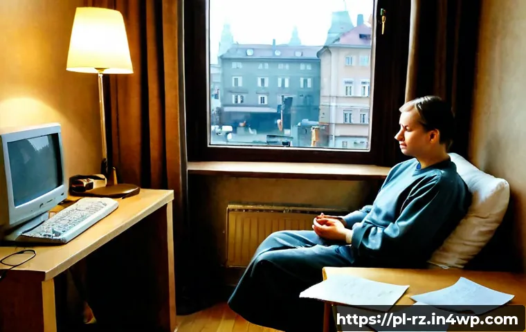 마인드풀테크의 역사적 배경 - Photorealistic historical scene in a late-1990s Warsaw apartment study, a bulky beige desktop comput...