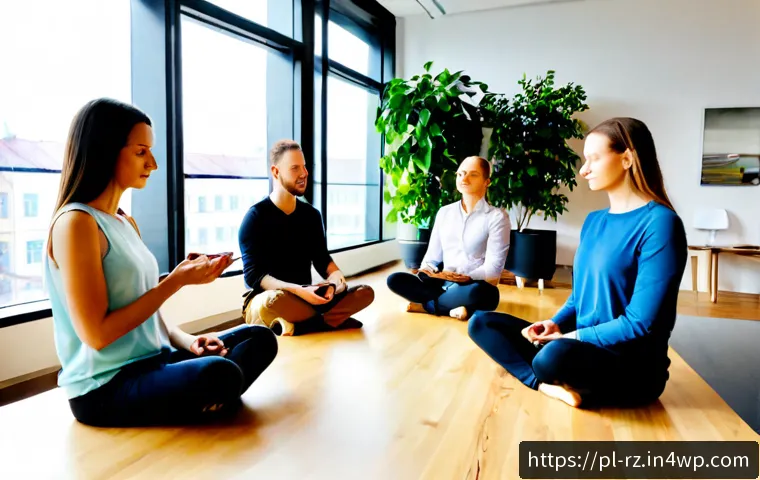 마인드풀테크와 기업 문화 개선 - Photorealistic modern Polish workplace wellness meeting, diverse adult office team seated in a brigh...